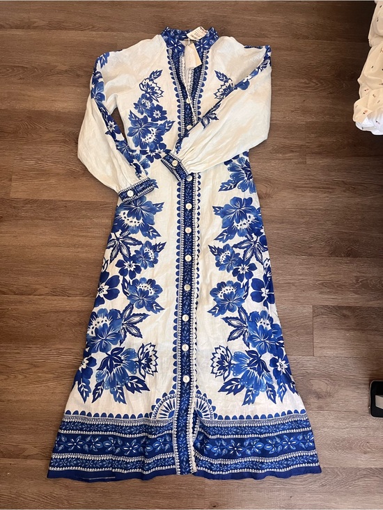 Magaschoni Dresses & Skirts - Magaschoni White and Blue Floral Maxi Dress with Button Front